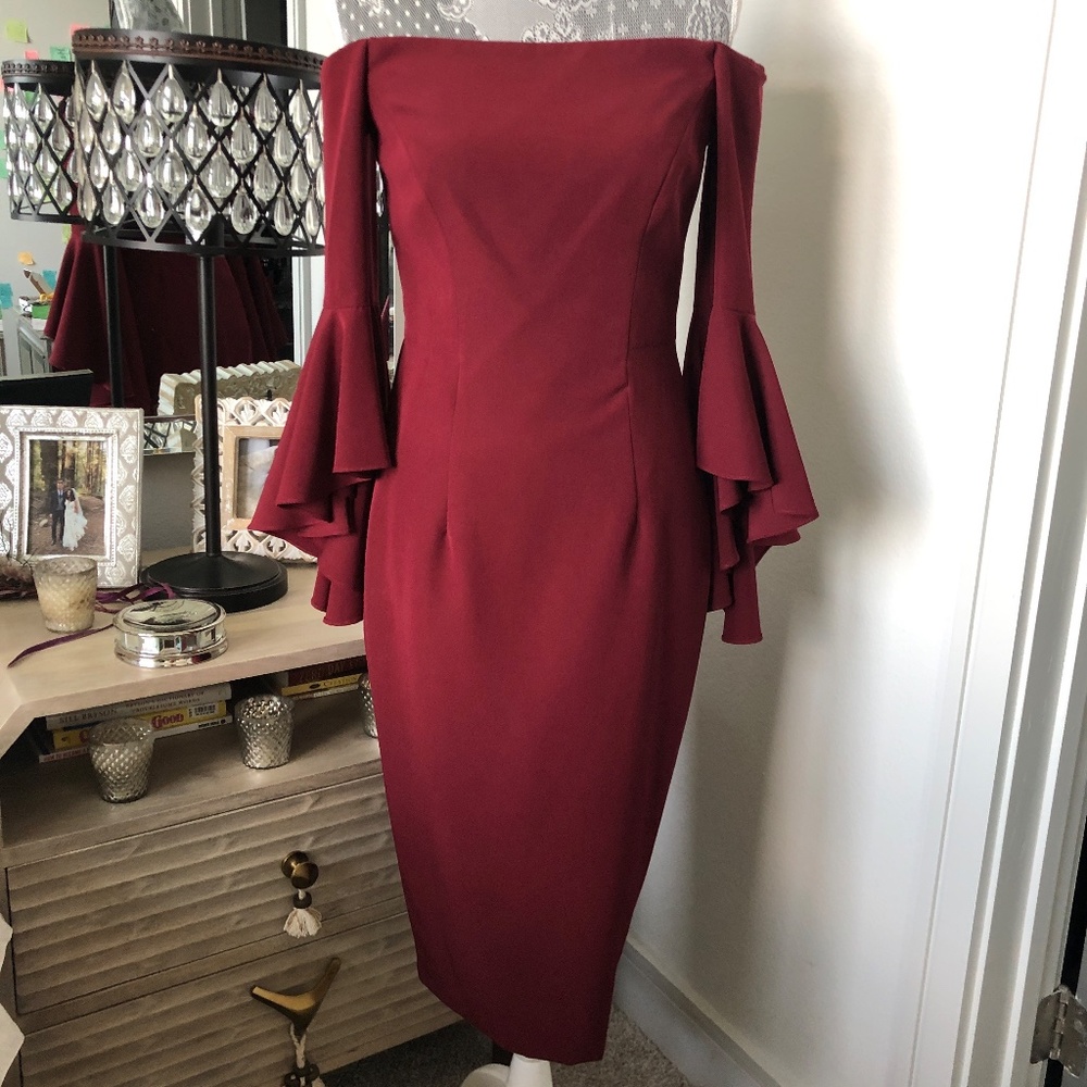 NWT MILLY Italian Cady Bell Sleeve Bordeaux Selene Dress size 4